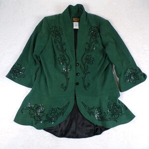 Bob Mackie Wearable Art Green Faux Suede Sequin Bell Sleeve Jacket size L